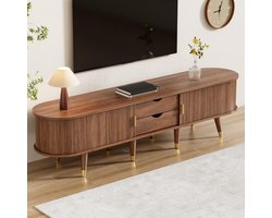 Luxe TV-Meubel met Rattan Schuifdeur en Gouden Accenten - Modern Lowboard met 175 cm Breedte - Walnoot TV-Kast met Ruime Opbergvakken voor de Woonkamer door