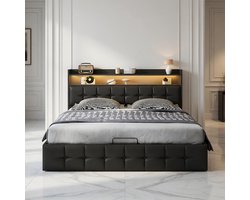 Luxe Tweepersoonsbed 160x200 cm met Opbergruimte en Opklapbare Bodem – Gestoffeerd Bedframe met Hoofdbord en Open Opbergvak – Modern Design in Zwart – Mobili Bella