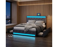 Luxe Tweepersoonsbed 180x200 Grijs Linnen – Met RGB LED, 4 Opberglades & USB/USB-C – Modern Gestoffeerd Bed