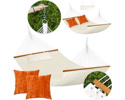 Luxe Tweepersoonshangmat met Houten Spreidstok & Kussen - Beige