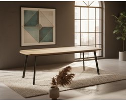 Luxe Uitschuifbare Eettafel – Massief Houten Blad met Eikenfineer – Industriële Eettafel met Robuust Metalen Frame – Uitschuifbaar van 120-220 / 140-240 / 160-260 cm – Geschikt voor 8, 10 of 12 Personen – Kleur Gouden Eik ganeey
