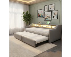 Luxe Uitschuifbare Slaapbank 2-Zits 90/180 x 190 cm – Grijze Linnen Bank met Slaapfunctie, Opbergvakken, USB-Aansluiting en LED-licht – Perfect voor Logeerkamer en Kleine Ruimtes House&Garden