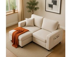 Luxe Uittrekbare Slaapbank 2-zits | Modern Velours Sofa met Slaapfunctie | Compacte Ruimtebesparende Bank met Opbergruimte | Beige UrbanHome