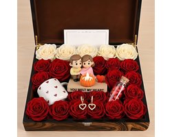 Luxe Valentijn Geschenkset in Kist – Cadeauset met Rozen, Mok, Sieraden & Romantisch Beeldje