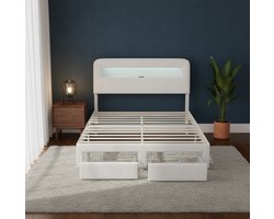 Luxe Velvet 2-Persoonsbed 140x200 – Modern Gebroken Wit Bedframe met Hoofdbord, LED-verlichting, USB-oplaadpunt en 2 Grote Opberglades – Comfortabel & Stabiel Design Medahomestore