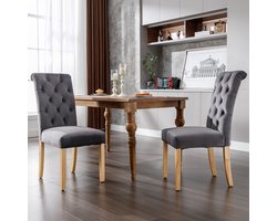 Luxe Velvet Eetkamerstoel Set Van 4 - Grijze Stoel Met Eikenhouten Poten En Gecapitonneerde Rugleuning - Moderne Stoel