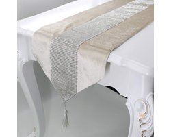 Luxe Velvet Tafelrunner met Diamantaccent en Kwasten - Modern & Stijlvol - 32x185cm