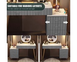 Luxe Verstelbare Make-uptafel met Spiegel en LED Verlichting – Inclusief Fluwelen Kruk, 5 Laden, Marmeren Tafelblad, Goud Metalen Frame – Make-uptafel voor Slaapkamer, Dames & Meisjes - 100-130 cm – Grijs