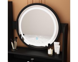 Luxe Vintage LED Make-up Kaptafel met Ronde Spiegel, 5 Lades, 4 Open Vakken en Krukje – 80x40x135 cm Zwart Design Vanity Tafel