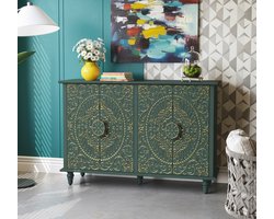 Luxe Vintage Sideboard met 4 Deuren – Buffetkast, Dressoir en Opbergkast voor Woonkamer, Keuken & Eetkamer – Massief Houten Poten – Groen – Novihome