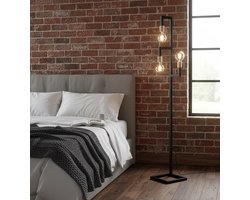 Luxe Vloerlamp “Ligno” 30x30x165 cm – Zwart Metaal met Naturel Rubberwood – Altameubel