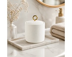 Luxe Wattenpot Aquamarbre – Polyresin – Wit/Goud – 10 x 13,3 cm – Badkamer Opbergpot met Deksel