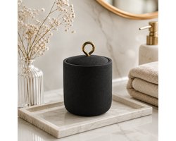 Luxe Wattenpot Aquamarbre – Polyresin – Zwart/Goud – 10 x 13,3 cm – Badkamer Opbergpot met Deksel