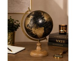 Luxe Wereldbol Zwart Goud 34 cm – Decoratieve Globe met Houten Voet – Vintage Bureau Decoratie – Woonkamer Accessoire