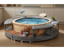 Luxe Whirlpool Rand met Opbergruimte – Grey Poly Rattan & Stalen Frame – Weerbestendig voor Buiten – MedaHomeStore