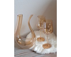 Luxe Wijn Karaf set Amber 1,4 liter met 2 wijnglazen 40 cl/ Decanteer Karaf Set