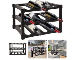 Luxe Wijnrek - Flessenrek - 3 Lagen - Gemakkelijk in Elkaar te Zetten - Zwart - Voor 12 Flessen - Kunststof - 39 x 30 x h25 cm