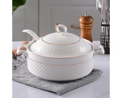 Luxe Witte Soepterrine 1.5L van Porselein met Deksel en Lepel - Serveerschaal voor Soep, Stoofpot of Snacks
