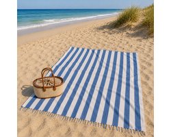 Luxe XXL 235 x 220cm Hamamdoek- XXL Groot Vakantie Strandlaken -tweepersoons Strandkleed - Katoenmix - Blauw Wit Streep- aesthetic - Sneldrogende Strandlakens - Bedsprei extra groot