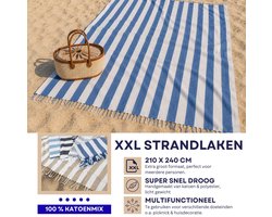 Luxe XXL 240 x 210 cm Hamamdoek- XXL Groot Vakantie Strandlaken -tweepersoons Strandkleed - Katoenmix - Blauw Wit Streep- aesthetic - Sneldrogende Strandlakens - Bedsprei extra groot