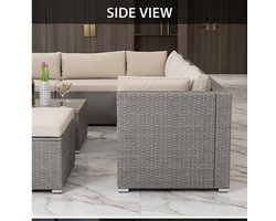 Luxe XXL Polyrotan Tuinmeubelset voor 8 Personen – Modulaire Weerbestendige Lounge Hoekbank met Dikke Kussens en Glazen Tafel met Opbergruimte – 280x210 cm Outdoor Tuinset voor Terras, Tuin en Balkon – Crème | medahomestore