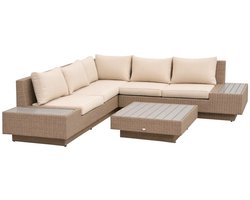 Luxe XXL Tuinset - 4-Delige Loungeset van Polyrotan - Tuinmeubelset - Hoekbank - Tuintafel - met Planken, Bijzettafel en Zitkussens - Ideaal voor tuin, balkon en terras - Hoeklounge - Zitgroep - Bruin