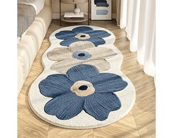 Luxe zacht pluche vloerkleed - Marineblauw-bruin bloemenpatroon, 10 mm dik, onregelmatige vorm - Machinewasbaar, klein vloerkleed, luxueus decoratief vloerkleed met PVC-achterkant, geschikt voor studeerkamer en kleedkamer, woonkamer, tapijt.