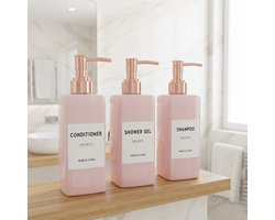 Luxe Zeepdispenser Set van 3 - 400ml - Herbruikbare Navulbare Flessen - Met Pompje - Roze & Goud - Vierkant - Voor Shampoo, Conditioner en Douchegel