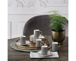 Luxe Zwart Wit Koffieset met Gouden Rand - 12-delig - Marmerlook Schotels - 6 Personen - 100ml - Espresso & Turkse Koffie Kopjes - Modern Design Servies