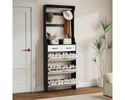 Luxe Zwarte Schoenenkast met Deuren en Kleppen - Halmeubel met Kapstok & Lades - Voor 24 Paar Schoenen - 80×23,5×220 cm - MDF Opbergkast voor de Gang