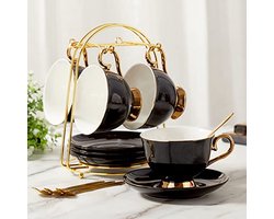 Luxe zwarte theekopjes en schotels set van 4 met gouden rand en metalen standaard