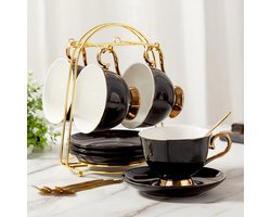 Luxe zwarte theekopjes en schotels set van 4 met gouden rand en metalen standaard