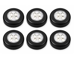 Luxe Zwarte Zelfklevende LED Druklampen Set - 6 Stuks | Werkt Zonder Stopcontact | LED per Mini Spot Lamp | Push Light | Druk Lamp | Licht voor Voorraadkasten | Tenten | Auto's en Boten
