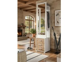 LuxeLine Nox Eiken Halmeubel Garderobeset - Kleine Garderobekast met Lades, Kapstok, Stang en Opbergruimte - Wit & Eikenlook - 45x190x38 cmCasa Serena