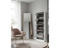 LuxeLine Spiegel Schoenenkast met 185 cm Passpiegel en 5 Flip-lades – Smalle Vrijstaande Schoenenkast voor 30 Paar – Wit | House&Garden