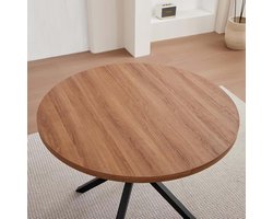 LuxeRond Bouclé Eethoek Set 100 cm met 4 Teddy Eetkamerstoelen – Moderne Ronde Eettafel met MDF Tafelblad voor Keuken, Eetkamer, Balkon & Horeca, Donker Houtkleur + Wit