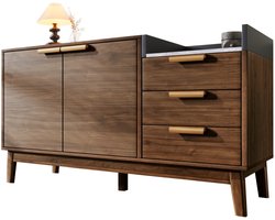 Luxevo Dressoir – Opbergkast Eiken met Marmerlook Blad – 120 cm – 3 Laden & 2 Deuren – Verstelbare Planken – Massief Houten Poten – Mid-Century Sideboard