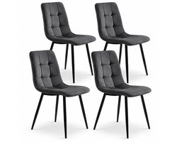 Luxevo Eetkamerstoelen Set van 4 - Gestoffeerde Stoelen - Gewatteerde Rugleuning - Zwarte Metalen Poten - Grijs