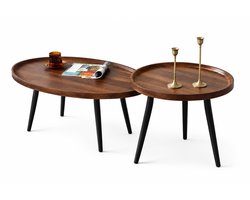 Luxevo Salontafel Set - 2 Stuks - Rond en Ovaal - Scandinavisch Design - Houten Blad & Metalen Frame - Bruin