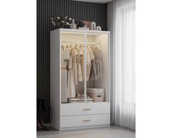 LuxGlow LED Kledingkast – 2-Deurs Draaideurkast met Glazen Deuren, Kledingstang en 2 Laden – Multifunctionele Opbergkast voor Slaapkamer, Woonkamer en Kantoor – Wit – 50x80x175 cm - House&Garden