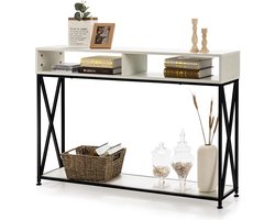 LUXGOODS  consoletafel, gangtafel, sidetable, entreetafel met open plank & opbergcompartimenten, stevige stalen frame, verstelbare voeten, anti-kantelen ontwerp, compacte industriële bijzettafel voor woonkamer/entree/gang, 120 x 23 x 79 cm (Wit)