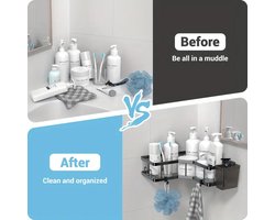 LuxHoek Douche Caddy – Zelfklevend RVS Hoekrek – Zonder Boren – Badkamer Organizer met 12 Haken & Zeepbakje – 2 Laags