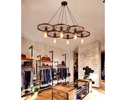 LuxiLamps - Retro Wagon Wielen Lamp - Vintage Hanglamp - 104 cm- Verstelbaar - Retro Hanglamp - 6 Wielen Decoratie Lamp