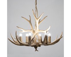 LuxiLamps - Vintage 6 Kop Kroonluchter - Houten Kroonluchter - Goud - Hertengewei - Hanglamp - Woonkamer Lamp