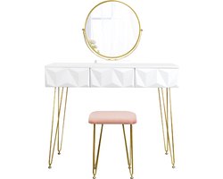 Luxiqo® Kaptafel - Make-Up Tafel - Kaptafel Set met Spiegel - 360° Draaibare Make-Up Spiegel - 3 Lades - Fluwelen Kruk - Wit/Grijs