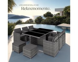 Luxora Deluxe Polyrattan 10-persoons Tuin Loungeset met 6 Stoelen + 4 Krukken + Glazen Tafel 268 x 230 x 82 cm – Aluminium Frame, Opvouwbare Rugleuningen, Inclusief 2 Kussensets en 2 Beschermhoezen