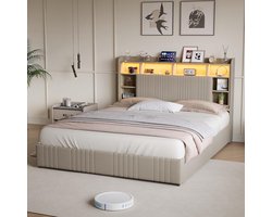 Luxora Elite Opberg Boxspring Bed 160x220 cm met LED Verlichting, 4 Lades, USB Opberghoofdbord en Metalen Houten Frame – Luxe Tweepersoons Gestoffeerd Bed met Lattenbodem – Beige