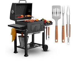 Luxora Life® Houtskool BBq- Smoker Barbecue – Incl. BBQ-set- 42x57 cm Grilloppervlak– Verstelbaar Kolenrooster – Met Zijpanelen – Zwart