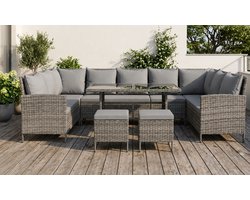 Luxora Madison Polyrotan Hoekbank Loungeset met Glazen Tafel – 5-delige Tuinmeubelset in Grijs – Weerbestendige Lounge Dining Set voor Tuin, Terras & Balkon | Industrohome