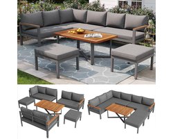 Luxora Modulaire Luxe Tuin Lounge Dining Set 6-delig voor 7-8 Personen met Tafel en Verstelbare Voeten – Weerbestendige Buiten Meubelset met Houten Tafelblad en Stalen Frame